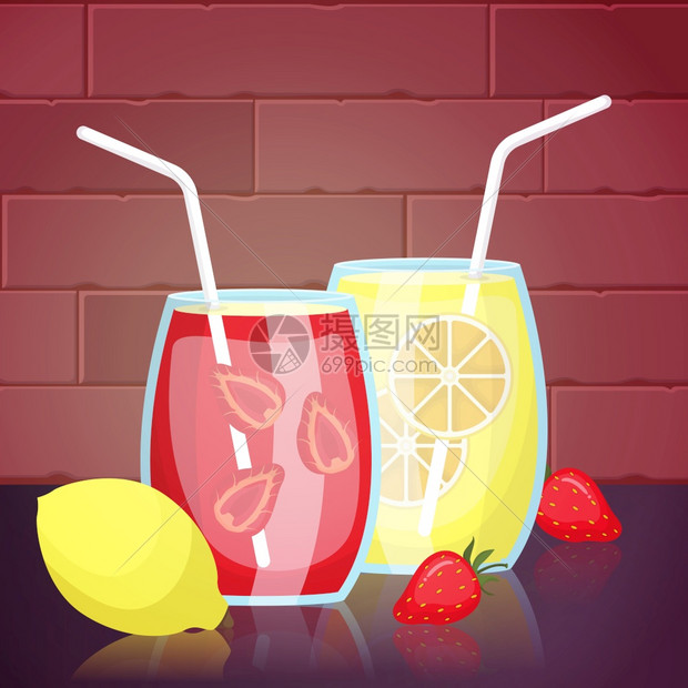 草莓柠檬汁饮料摄影美味食菜单在表格插图上图片