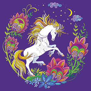 紫色背景独角兽和花朵矢量插画图片