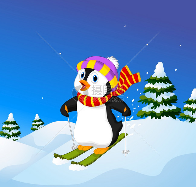 滑雪的卡通企鹅图片