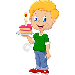 美味的生日蛋糕带着生日蛋糕的小男孩孤立在白色背景上插画