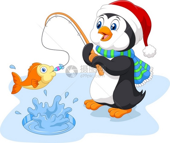 企鹅在冰上钓鱼图片