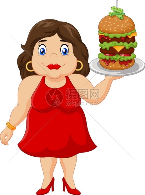 胖女孩笑着准备吃一个大汉堡包图片
