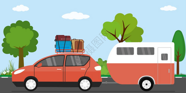 公路上红色车顶和顶篷上的行李图片