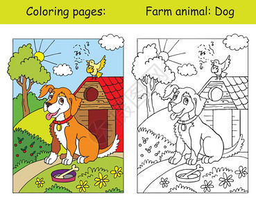分别为彩色和黑白轮廓的微笑狗和唱歌鸟漫画插图图片