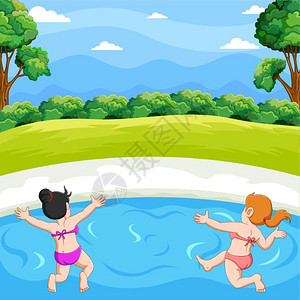 两个女孩在池塘里一起游泳图片