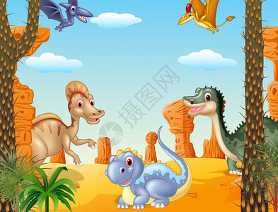 在史前背景中恐龙们卡通矢量插画图片
