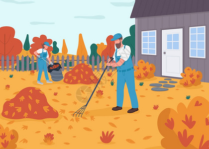 穿制服的人在院子里进行季节清理妇女和男子清洁后院草坪家庭2d漫画人物背景有观图片