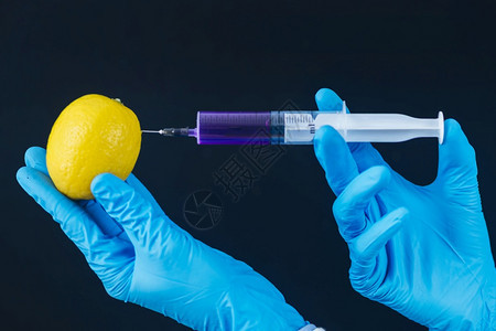 gmo食品概念科学家用注射器将未知物质注入柠檬并用射器入柠檬食品概念将某种物质注入水果图片