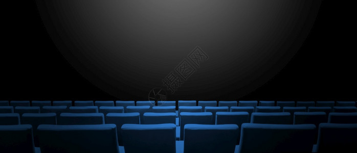 蓝色座位和黑复制空间背景的电影院水平横幅蓝色座位和黑背景的电影院图片