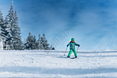 小男孩在阳光明媚的日子里滑雪图片