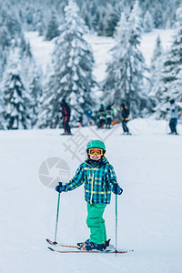 小男孩在阳光明媚的日子里滑雪图片