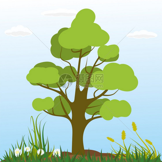 自然景观树木植物和草地矢量图图片