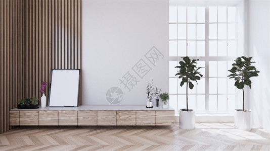 壁橱现代客厅配有木壁设计和制白地板背景图片