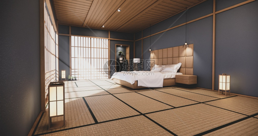 内热带房间和Tatmi垫地板上的深蓝色卧室日本人设计图图片