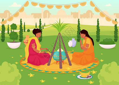 lehri庆祝平板彩色矢量图例公共园的传统圣餐salihndu假日的妇女具有城市风景背的印度女2d卡通人物lohri庆祝平板彩色图片