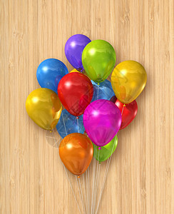 木背景上的多彩气球组3d插图表示木背景上的多彩气球组图片