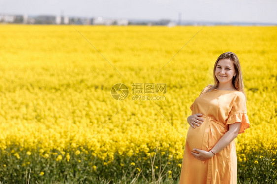 在阳光明媚的夏日在黄色种子田里年轻孕妇抱着肚子穿黄色的礼服在一个黄色的种子田里在阳光明媚的夏日穿着黄色礼服图片