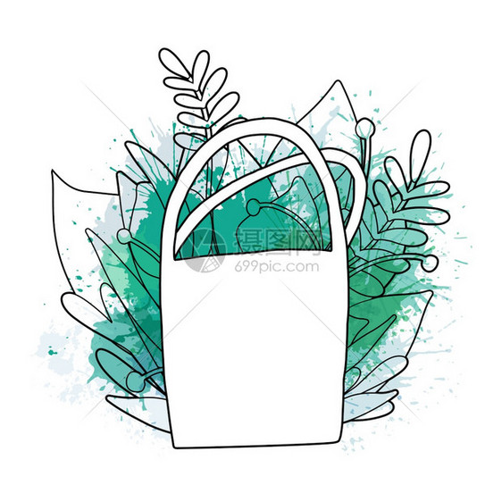 绿色叶子和水彩喷洒的零废物项目大纲带有叶子的生态材料袋轮廓图示用于贺卡横幅和您的创造力矢量元素含有绿叶和色水彩喷洒的零废物项目大图片
