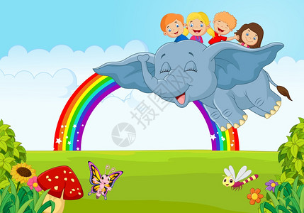 彩虹上的卡通小孩图片