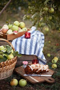 果汁苹篮子蛋糕和花园里的蜡烛图片