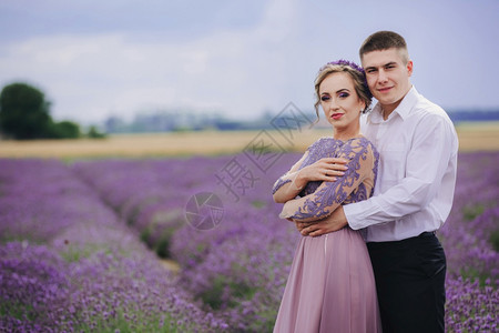 新婚夫妻在熏衣草田里拍婚纱照图片