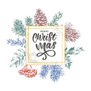 圣诞节海报插图圣诞节背景的矢量插图带有圣诞节树枝框架的矢量插图与圣诞节树枝的矢量插图图片