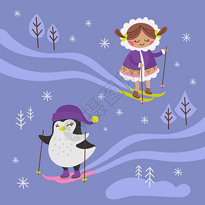 冬季卡通可爱女孩与企鹅滑雪图片