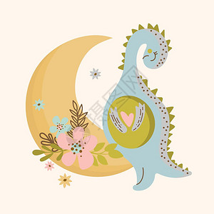 卡通可爱矢量恐龙与月亮元素插画高清图片