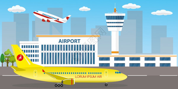 机场回家插画-机场回家卡通-机场平板矢量图转移区航空港旅行者商业