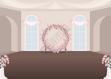 婚礼堂彩色矢量插图新娘仪式礼堂派对花饰2d室内卡通图片