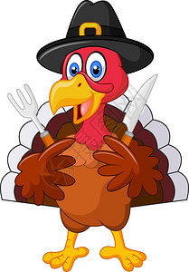 火鸡腿拿着刀叉和戴朝圣帽子的感恩节火鸡吉祥物插画
