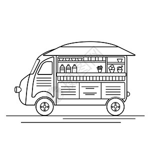 食品餐冰淇淋食品卡车的漫画大纲古老的旧汽车动产餐饮点牌横幅和设计