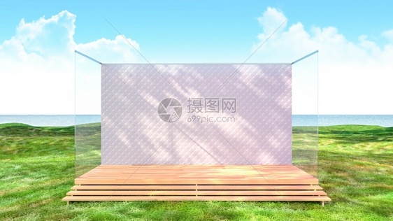 绿色草地的空舞台背景平带有海视图背景3D投影图片