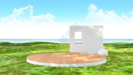 绿色草地的空舞台背景平带有海视图背景3D投影图片