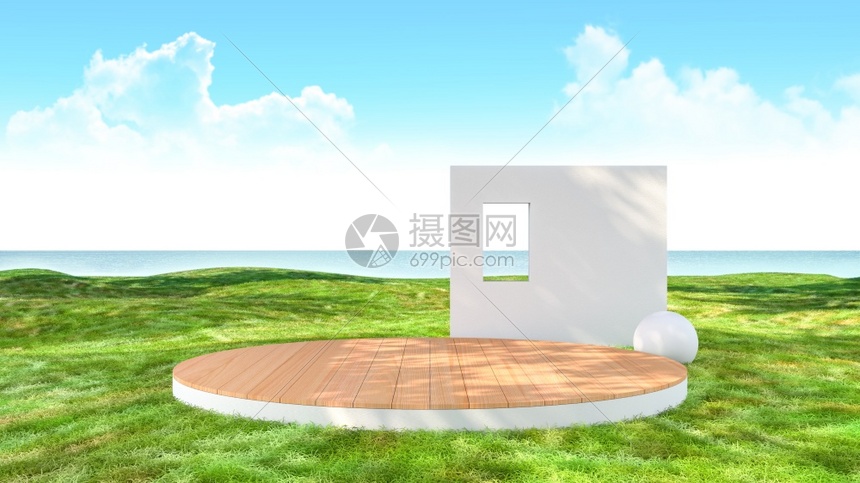 绿色草地的空舞台背景平带有海视图背景3d投影高清图片下载 正版图片 摄图网 绿色草地的空舞台背景平带有海视图背景3d投影高清图片下载 正版图片 摄图网