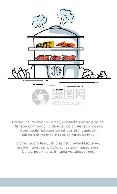垂直横幅带有食物和文字位置的蒸汽机轮廓插图健康的蒸汽食品双锅炉的现代轮廓图像横幅的矢量模板邀请函带有食物和文字位置的蒸汽机轮廓垂图片