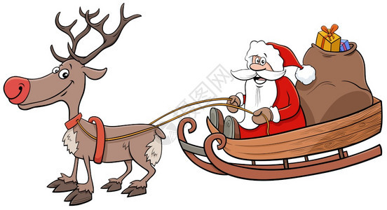 在雪橇上用袋装礼物和驯鹿的圣达克萨斯诞节人物的漫画插图图片