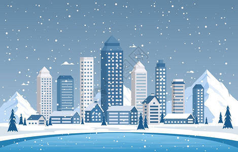 冬季雪松山城市房屋景观图图片