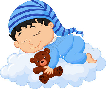 儿子婴儿抱着熊睡在云上插画