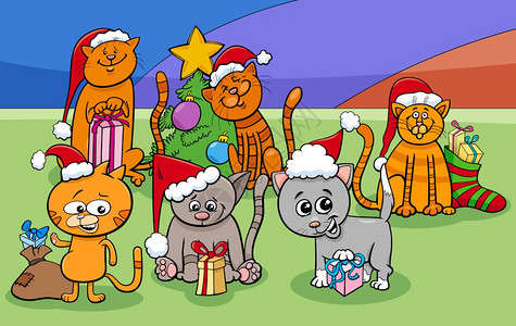 圣诞节时猫小动物人团体的漫画插图背景图片