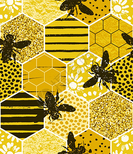 蜂蜜蜂园带蜜蜂的无缝几何图案潮流手画的纹理纸张织物室内装饰和其他