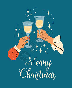 圣诞和新年快乐用香槟杯展示男女的手时回式矢量设计模板圣诞节和新年快乐用香槟杯展示男女的手图片