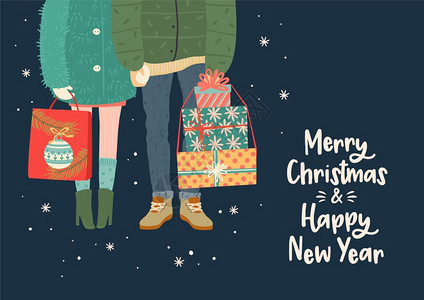 圣诞节和新年快乐插图配有礼物的浪漫情侣时的回溯风格矢量设计模板圣诞节和新年快乐插图配有礼物的浪漫情侣图片