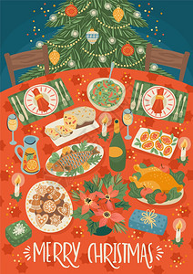 圣诞节和新年快乐圣诞节桌日餐时变换风格矢量设计模板圣诞节桌日餐图片