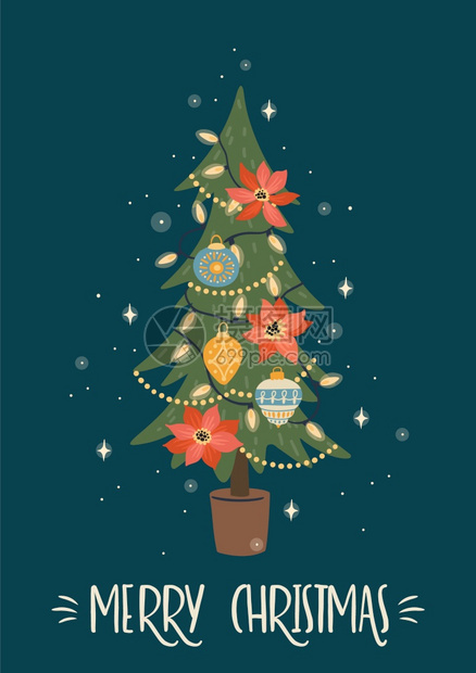 圣诞和新年快乐圣诞树古老的回溯风格矢量设计模板图片