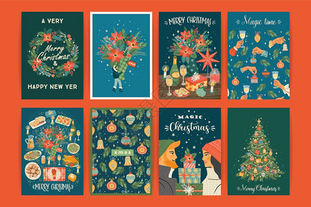 一套圣诞节和快乐的新年插图时态回溯风格矢量设计模板图片