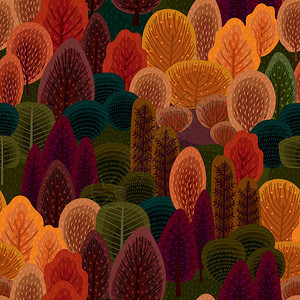 与秋天森林树木灌草树叶子各种表面的矢量背景潮流手画的纹理与秋天森林树丛叶的抽象无缝模式图片