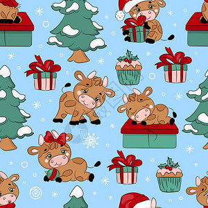 圣诞树可爱小牛无缝模式矢量插图图片