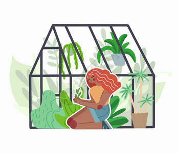 红头女孩用各种植物照顾家庭温室玻璃橙色和花草爱好自然兴趣矢量卡片贴纸和你的创造力平面图案矢量卡片贴纸和你的创造力玻璃橙色和花草爱图片