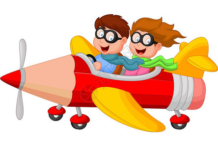 男孩和女孩在铅笔飞机上图片